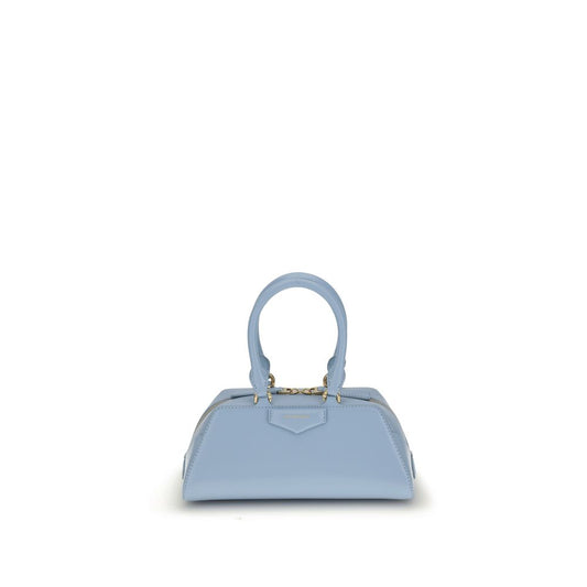 Givenchy Light Blue Calf Leather Bos Taurus Handbag with gold-finish details, showing articulated handles and embossed front appliqué.