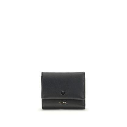 Givenchy Black Lamb Leather Wallet with snap closure and gold logo, featuring card slots and coin pocket, 10x10x3 cm, AW25 season.