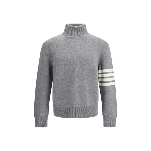 Thom Browne Gray Fleece Wool Sweatshirt with 4-Bar intarsia and half-zip collar, elegant and contemporary design.