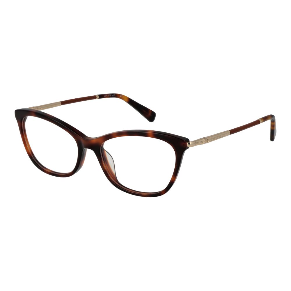 Longchamp Brown Women Glasses Frame, full-rim acetate material, rectangle style, demo lenses, spring hinge, size 52-16-135.