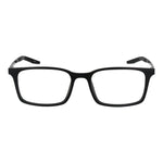 Nike Black Unisex Glasses Frame with full-rim rectangular design, plastic lenses, and spring hinge for comfort. Size 52-17-145.