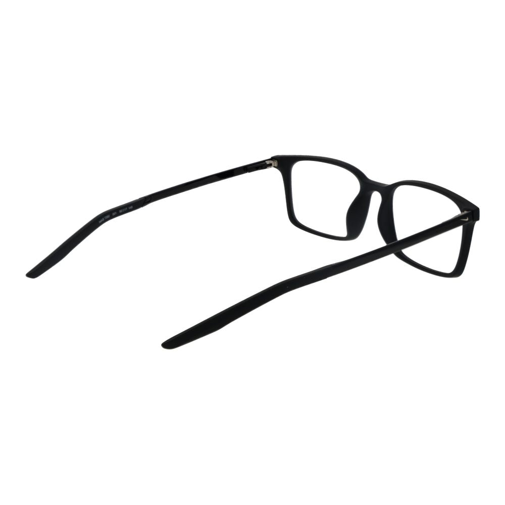 Nike Black Unisex Glasses Frame, full-rim rectangle style with plastic lenses, demo glasses, spring hinge, size 52-17-145.