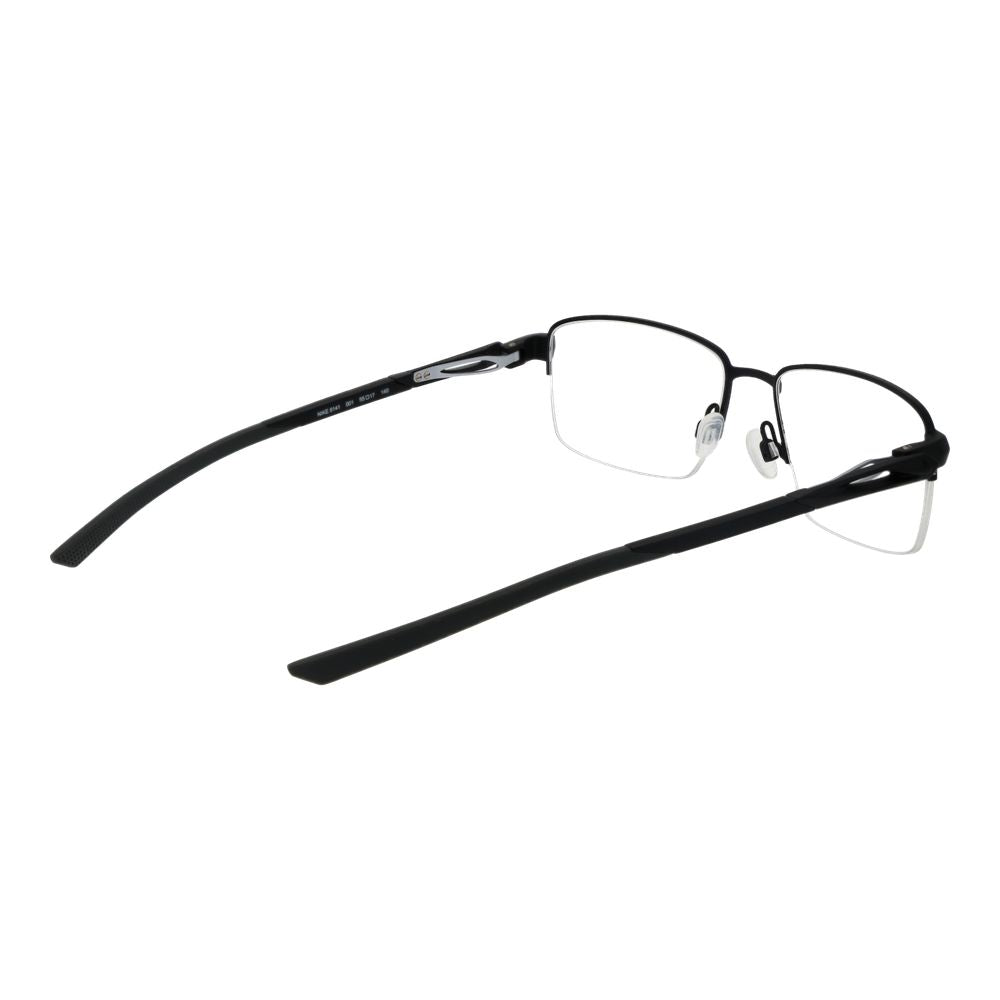 Nike Black Men Glasses Frame, metal half-rim rectangular style with 55mm lenses, demo glasses, black color, no spring hinge, includes branded case.