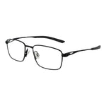 Nike Black Men Glasses Frame, full-rim titanium rectangle design, demo plastic lenses, size 53-17-145, includes branded case.