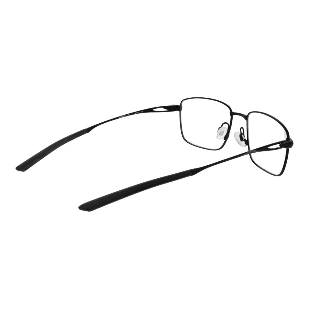 Nike Black Men Glasses Frame, full-rim titanium rectangle frame with demo plastic lenses, size 53-17-145, in black.