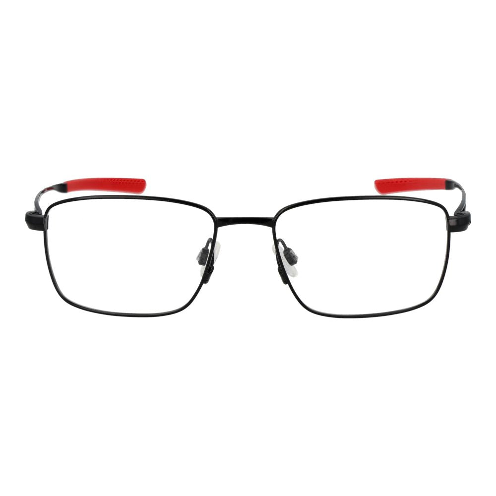 Nike Black Men Glasses Frame, full-rim titanium, rectangle style, with red temple tips, demo plastic lenses, size 53-17-145.