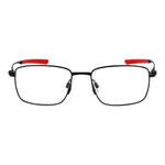 Nike Black Men Glasses Frame, full-rim titanium, rectangle style, with red temple tips, demo plastic lenses, size 53-17-145.