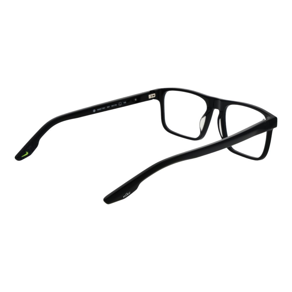 Nike Black Men Glasses Frame, full-rim square acetate glasses with demo lenses, size 54-18-145, black color, side view.