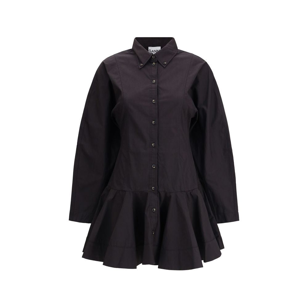 Ganni Black Cotton Casual Dress with classic collar, button closure, long sleeves, low waist, and gathered hemline for feminine style.