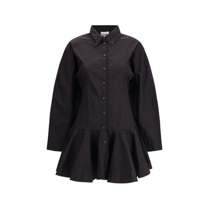 Ganni Black Cotton Casual Dress with classic collar, button closure, long sleeves, low waist, and gathered hemline for feminine style.