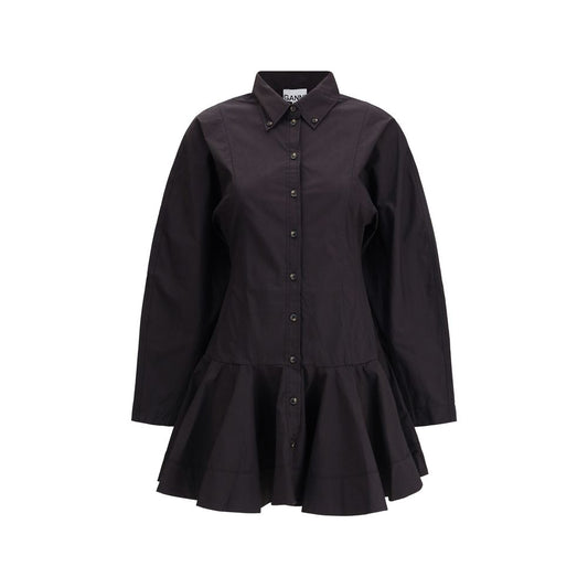 Ganni Black Cotton Casual Dress with long sleeves, classic collar, and gathered hemline, featuring a front button closure for a feminine look.