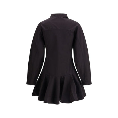 Back view of Ganni Black Cotton Casual Dress with long sleeves, classic collar, and gathered hemline, perfect for AW25 season.