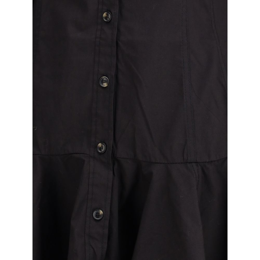 Ganni Black Cotton Casual Dress with front button closure, long sleeves, and gathered hemline, perfect for a feminine autumn-winter look.