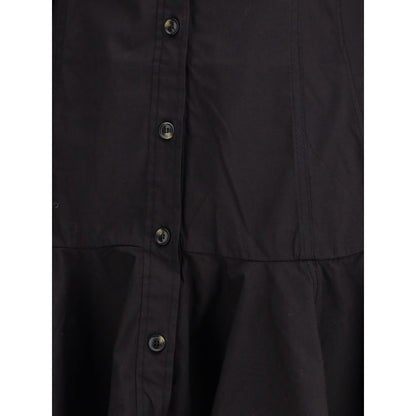 Ganni Black Cotton Casual Dress with front button closure, long sleeves, and gathered hemline, perfect for a feminine autumn-winter look.