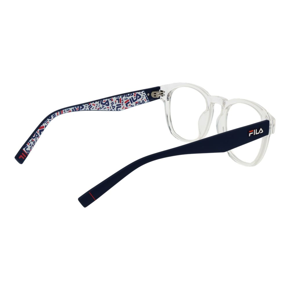 Fila Transparent Plastic Glasses (Frames) with full-rim design and demo lenses, featuring unisex style and navy branded temples.