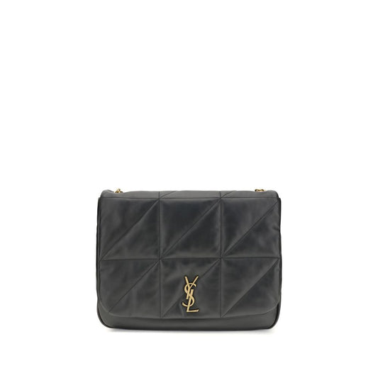 Saint Laurent Black Lamb Ovis Aries Aries Shoulder Bag, front view with embossed YSL logo and magnetic flap closure.