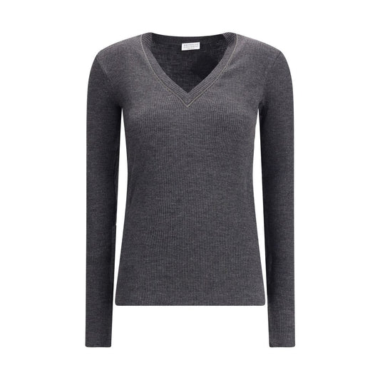 Brunello Cucinelli Gray Wool Long Sleeve T-Shirt with ribbed jersey texture and jewel-embellished V-neckline.