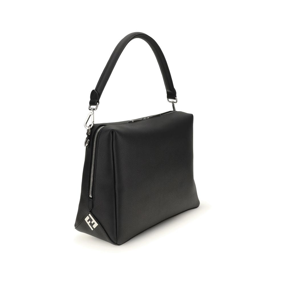 Fendi Black Calf Leather Bos Taurus Shoulder Bag with FF metal accents and palladium-finish hardware, elegant and spacious design.