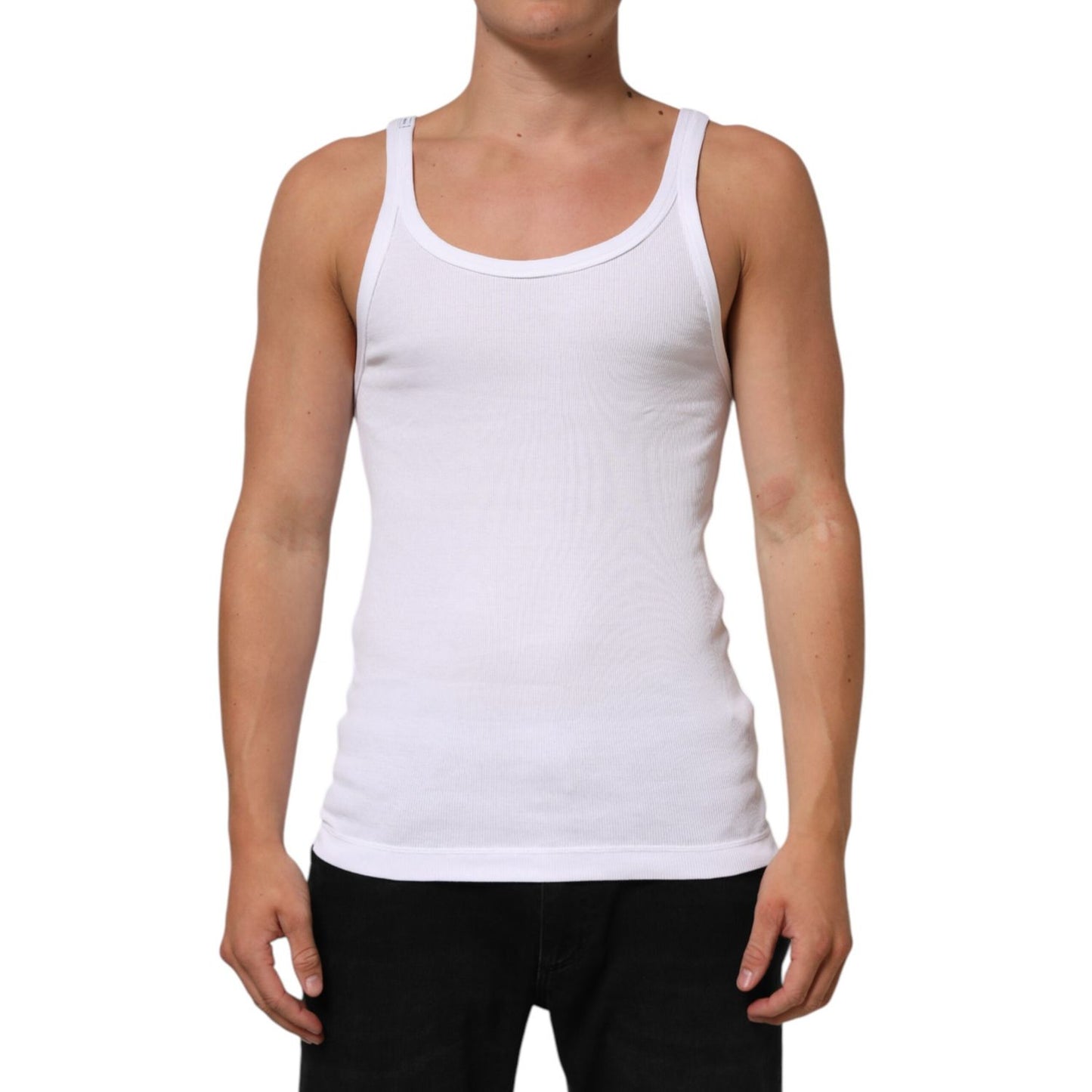 Dolce & Gabbana White Sleeveless Round Neck Tank Top T-shirt, featuring soft cotton and regular fit, worn by a model, front view.