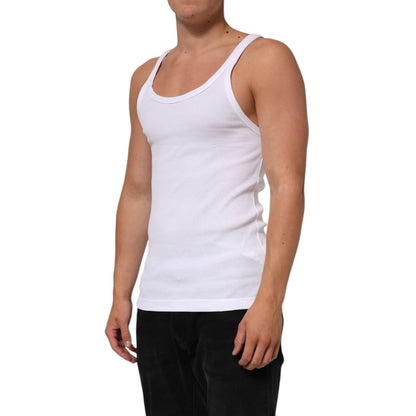 Dolce & Gabbana White Sleeveless Round Neck Tank Top T-shirt on model, featuring cotton material and regular fit, ideal for everyday comfort.