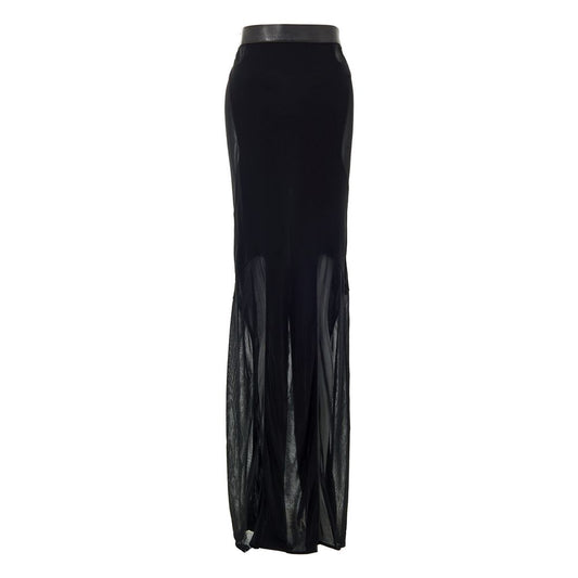 Tom Ford Black Viscose Long Skirt with sheer organza-effect and black leather waistband, featuring a back slit and covered zip closure