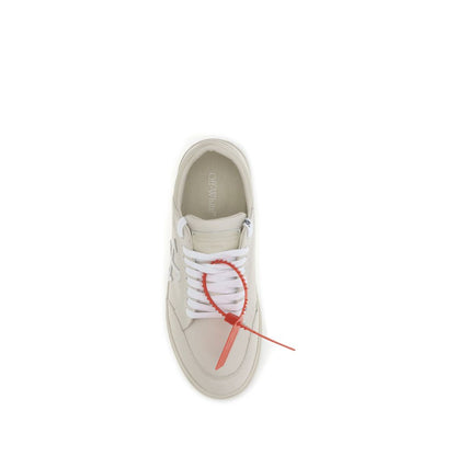 Top view of Off-White Beige Leather Low Top Sneakers with signature Zip Tie and Arrow motif, showcasing vulcanized rubber sole.