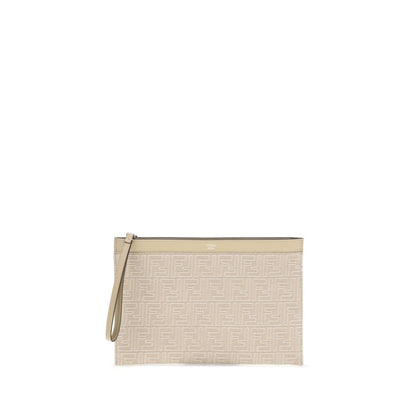 Fendi Cream Cotton Clutch Bag with FF motif, leather wrist strap, practical zip closure, and Fendi Roma print for AW25 collection.