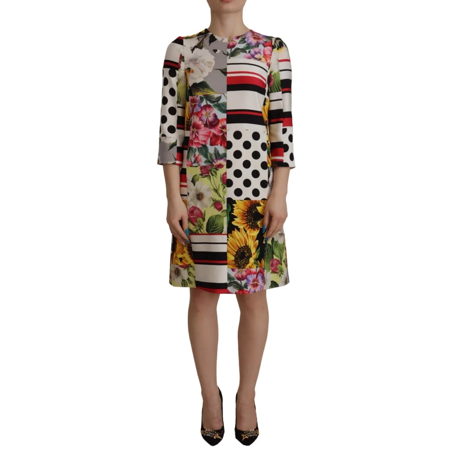 Dolce & Gabbana Multicolor Pachwork Charmeuse Floral Shift Dress on model, featuring vibrant patchwork and floral prints.