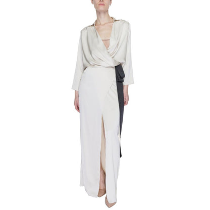 Sandro Ferrone Beige Polyester Long Dress with wrap neckline and contrasting belt, front slit for elegance and movement.