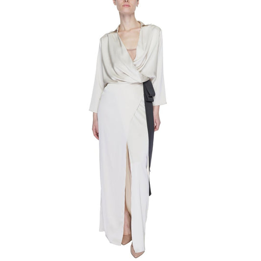 Sandro Ferrone Beige Polyester Long Dress with wrap neckline, long sleeves, and side belt highlighting a fluid silhouette with front slit.
