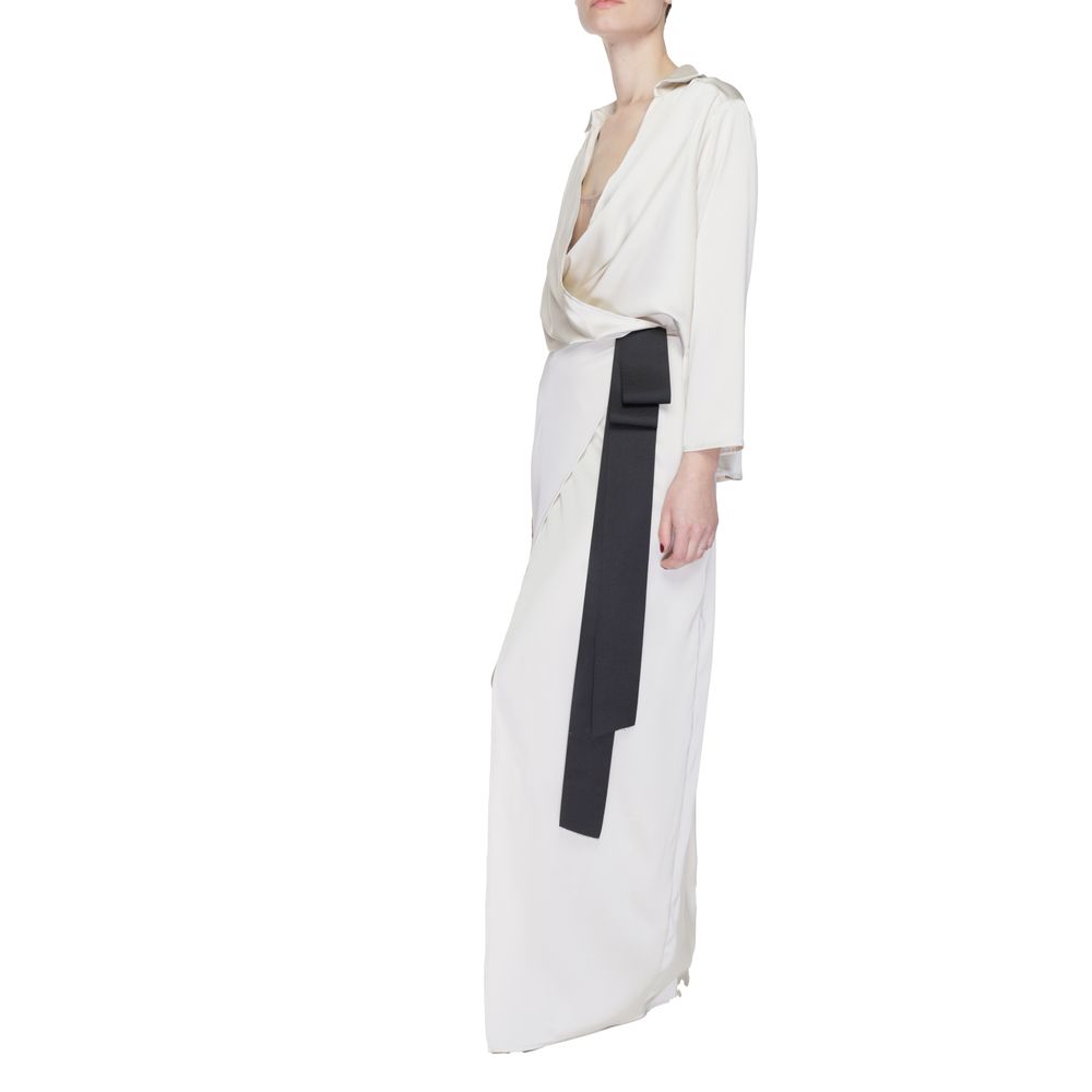 Sandro Ferrone Beige Polyester Long Dress with wrap neckline and side belt