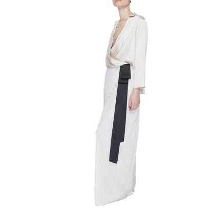 Sandro Ferrone Beige Polyester Long Dress with wrap neckline and side belt