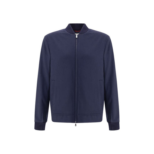 Brunello Cucinelli Blue Cashmere Bomber with double-slider zipper and ribbed cuffs, elegant and versatile design, 100% cashmere.