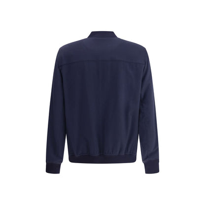 Back view of Brunello Cucinelli Blue Cashmere Bomber with ribbed cuffs and zipper closure.