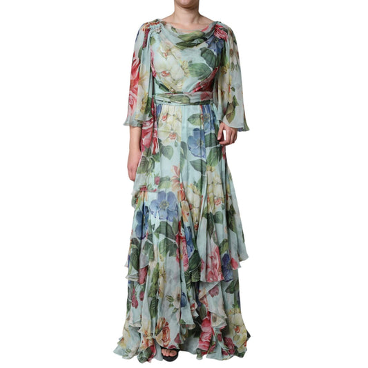 Dolce & Gabbana Blue Floral Print Tiered Long Maxi Dress