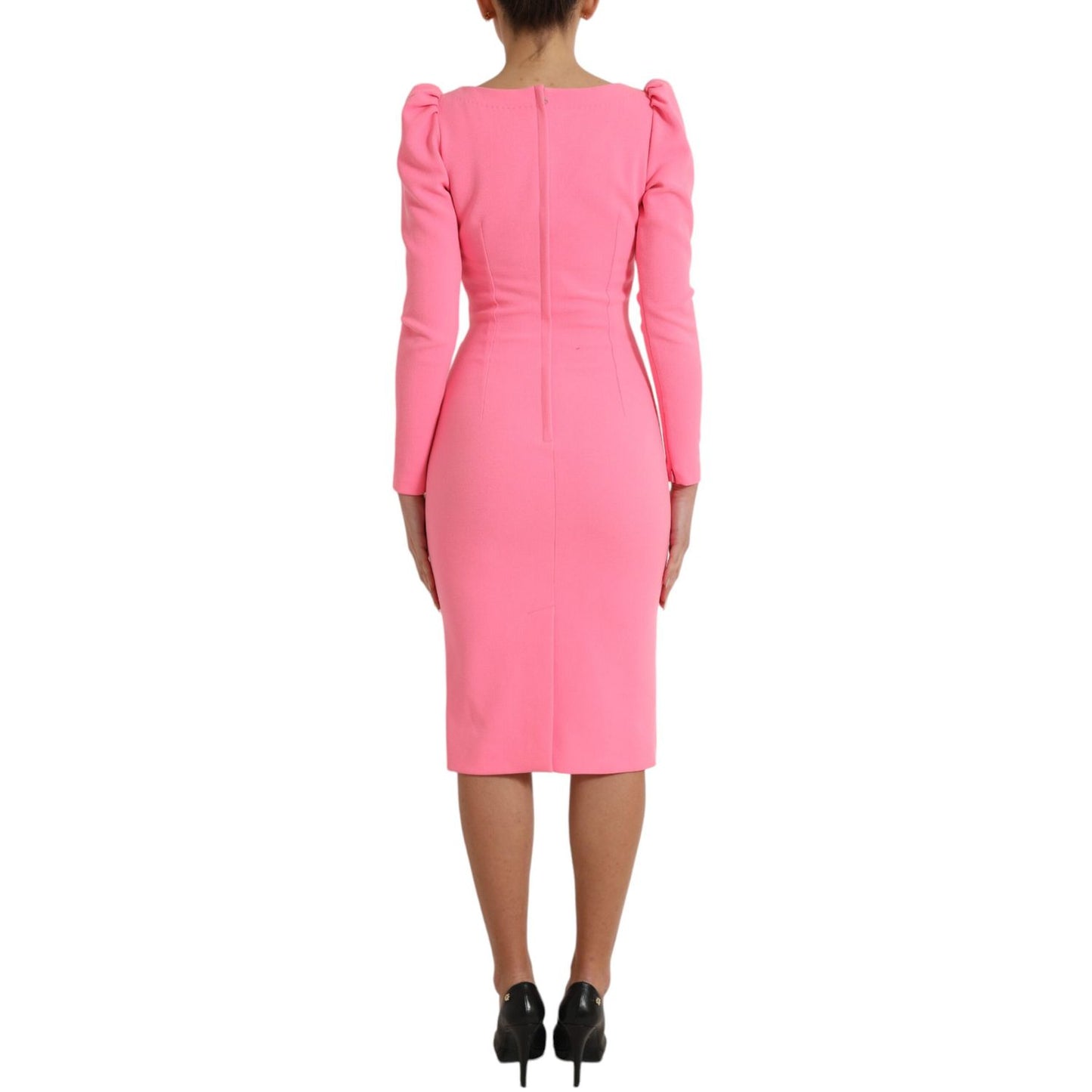 Dolce & Gabbana Pink Polyester Long Sleeves Sheath Midi Dress back view, featuring sleek silhouette and sophisticated fit.