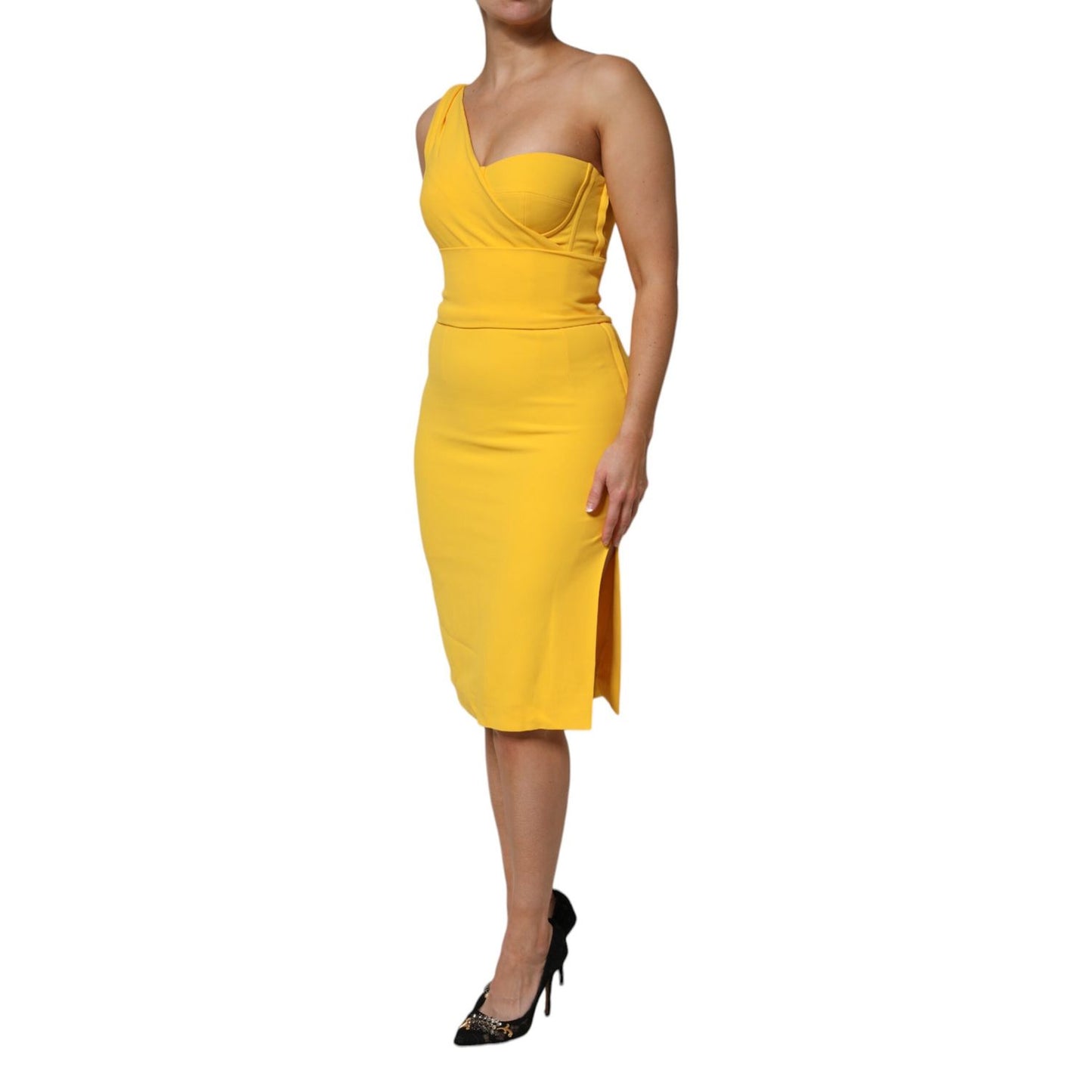 Dolce & Gabbana Yellow One Shoulder Side Slit Sheath Dress on model, showcasing sleek silhouette and contemporary style for evening events.