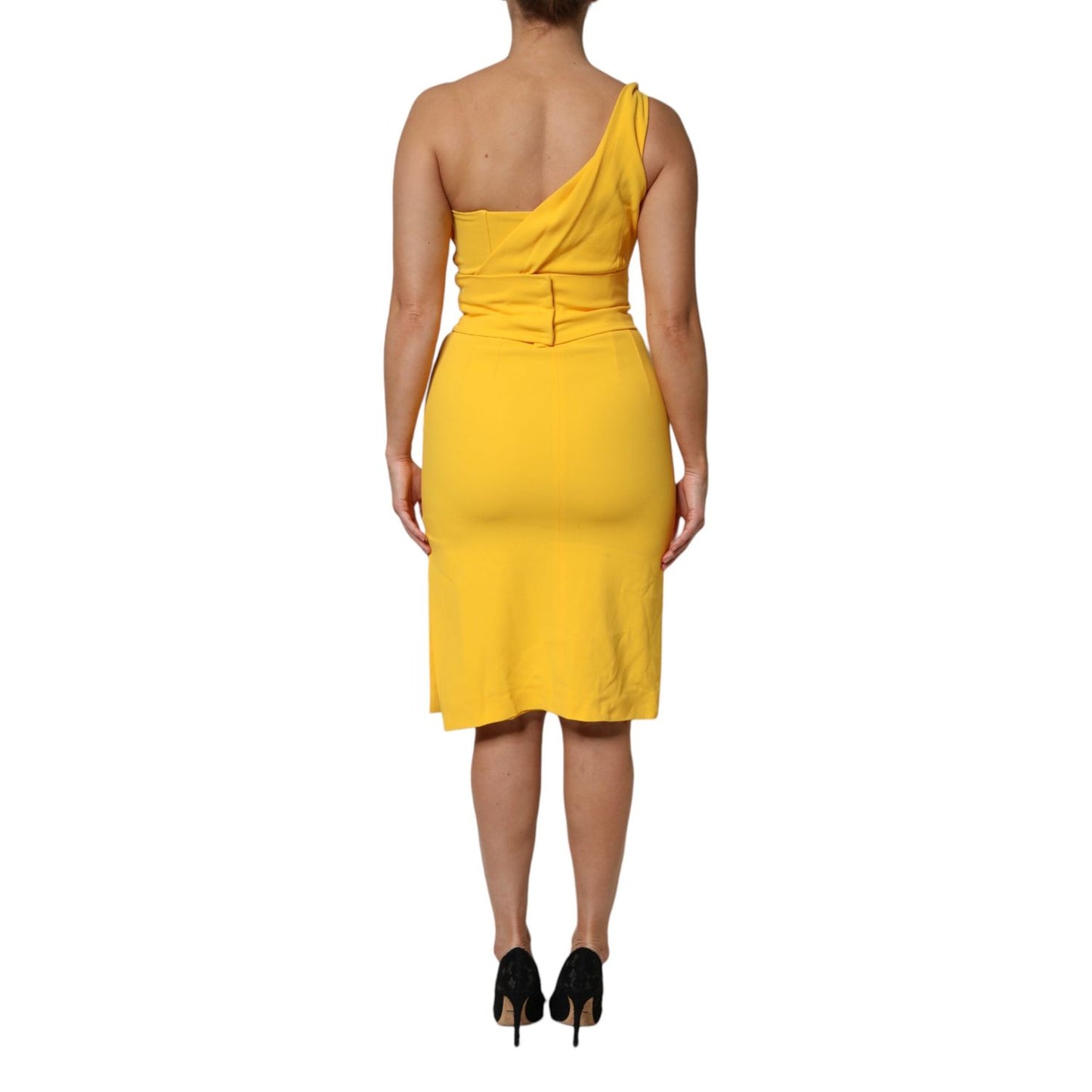 Dolce & Gabbana Yellow One Shoulder Side Slit Sheath Dress back view on model, elegant evening wear showcasing sleek figure-flattering design.