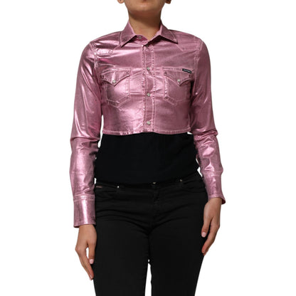 Alt Tag: Dolce & Gabbana Pink Cotton Stretch Collared Cropped Jacket with long sleeves and flattering fit, perfect for modern layering.
