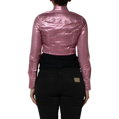 Back view of Dolce & Gabbana Pink Cotton Stretch Collared Cropped Jacket paired with black pants, featuring a fitted design.