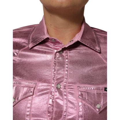 Dolce & Gabbana Pink Cotton Stretch Collared Cropped Jacket with structured collar and button details, close-up view.