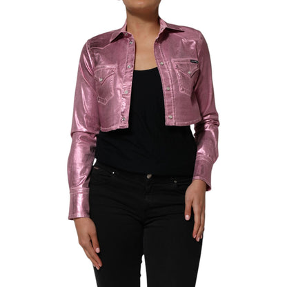 Dolce & Gabbana Pink Cotton Stretch Collared Cropped Jacket on model, long sleeves, structured collar, versatile chic style.