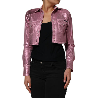 Woman wearing Dolce & Gabbana Pink Cotton Stretch Collared Cropped Jacket with black outfit, showcasing modern chic style.