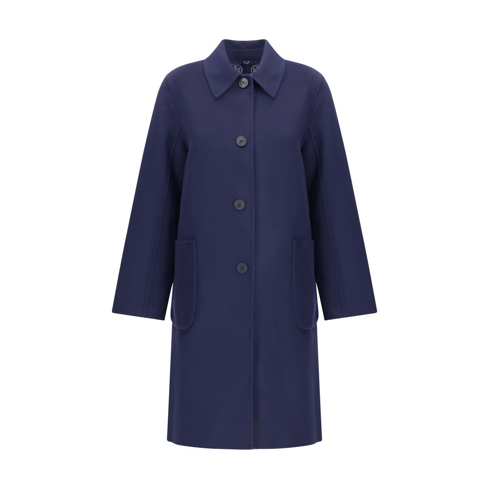 Tory Burch Blue Wool Coat featuring reversible design with T Monogram pattern, front button closure, and patch pockets for AW25.