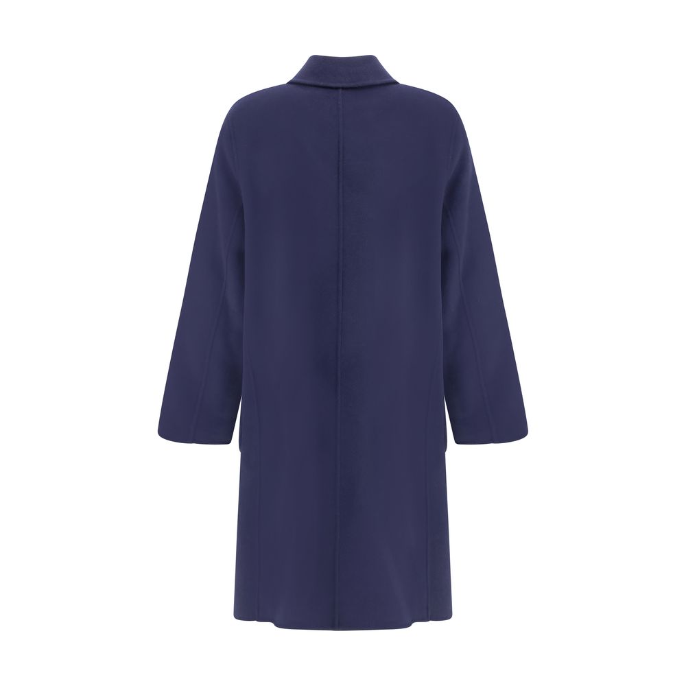 Back view of Tory Burch Blue Wool Coat, reversible design with T Monogram pattern, perfect for Autumn Winter layering.