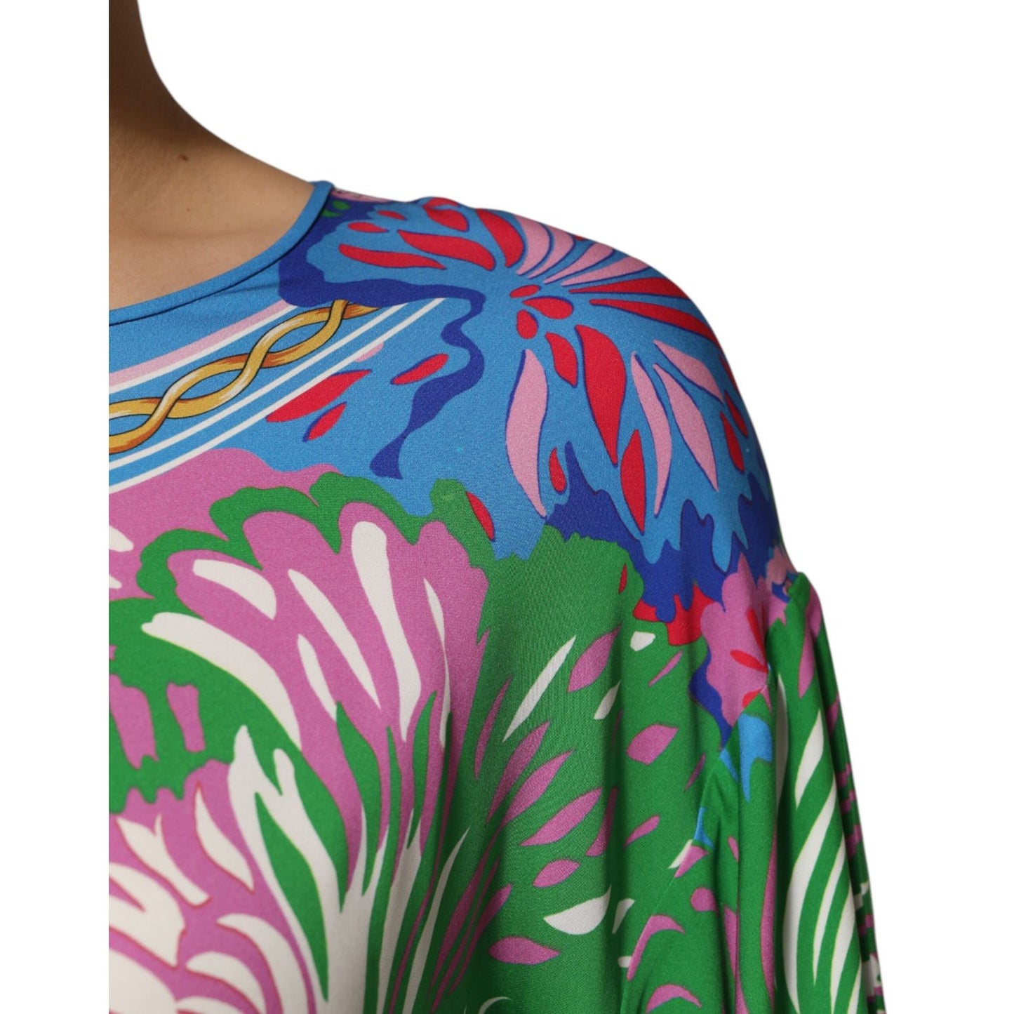 Close-up of Dolce & Gabbana Multicolor Floral Print Silk Blouse Tunic Top with vibrant floral design and elegant drape.