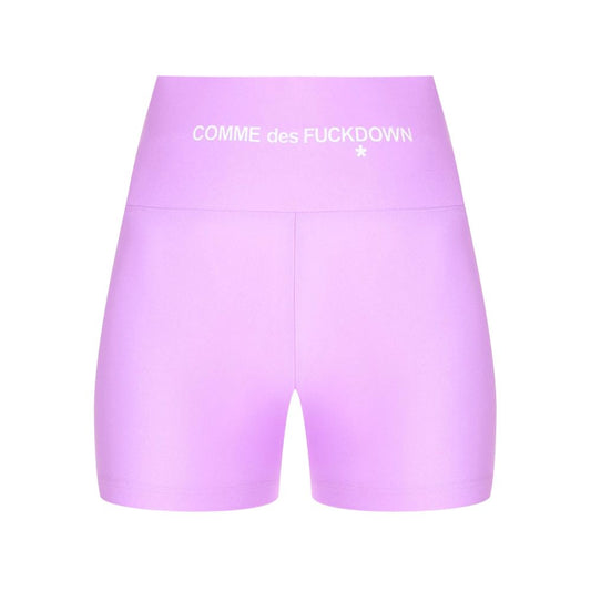 Comme Des Fuckdown Purple Polyester Short with front logo print in stretch lycra, ideal for fashion and comfort.