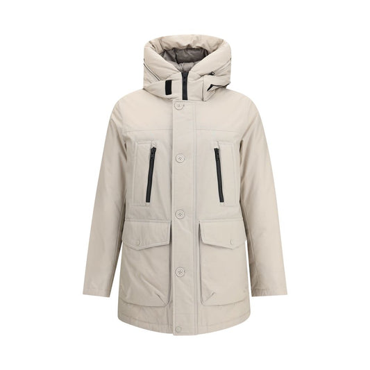 Woolrich Beige Cotton Parka with high-neck hood, zipper, and button closure, featuring front pockets. Perfect for AW25 season.