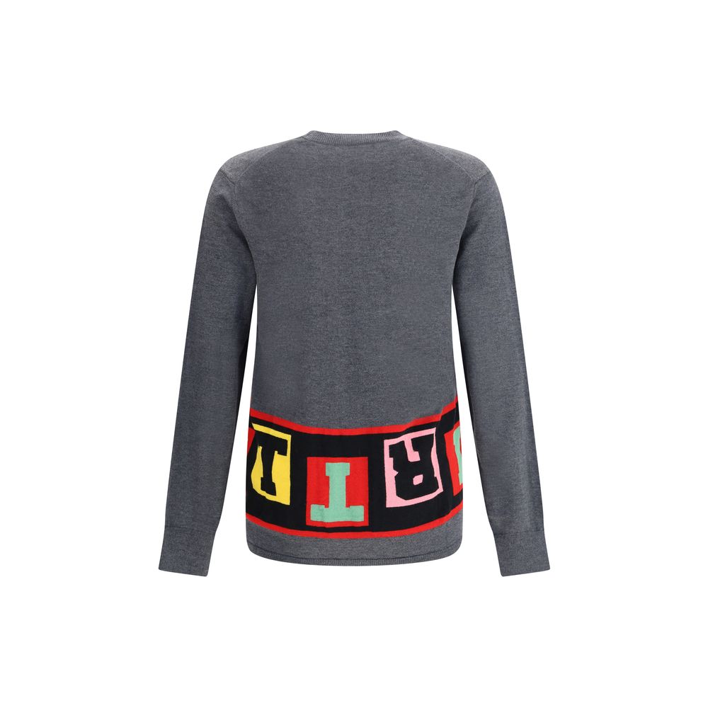 Comme Des Garçons Gray Marabou Sweatshirt with colorful lettering, crewneck, long sleeves, and straight hem, AW25 collection.