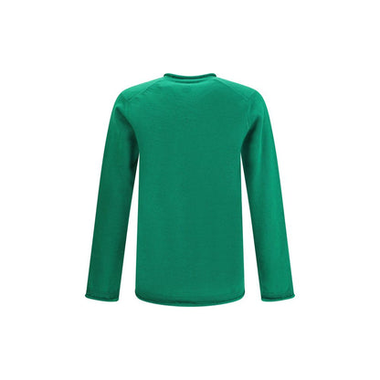 Back view of Comme Des Garçons Green Wool Sweatshirt with round neckline, long sleeves, ribbed knit texture, ideal for everyday elegance.
